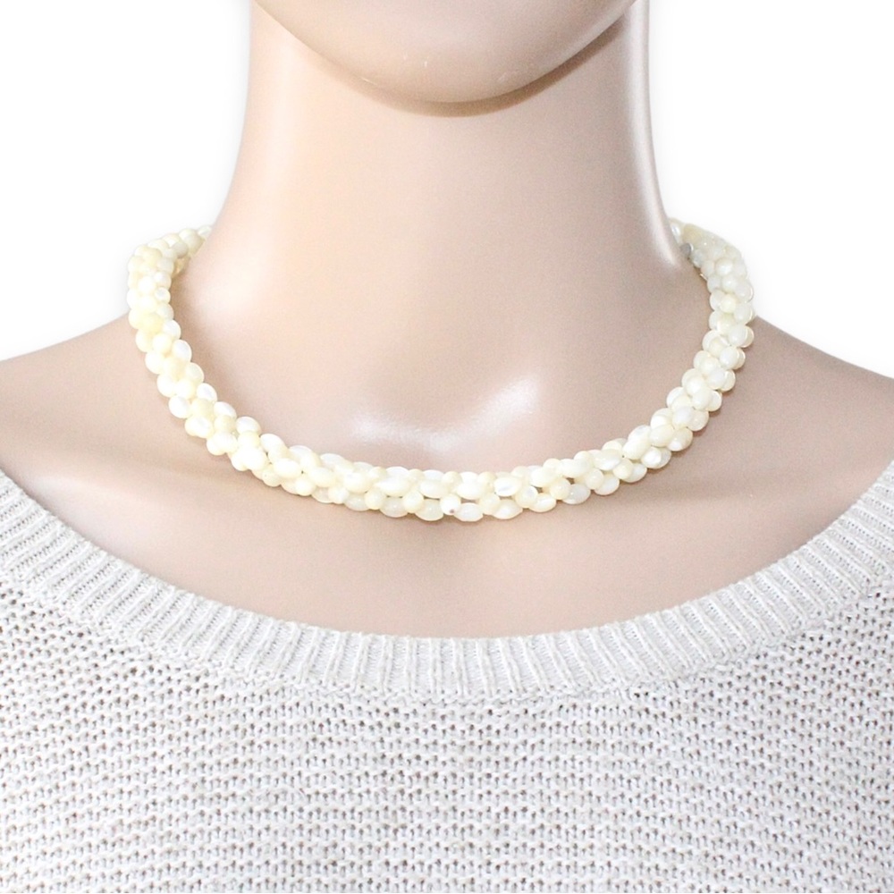 Vintage Woven Mother of Pearl Bead Collar Necklace Thick Beaded Rope Choker 17”